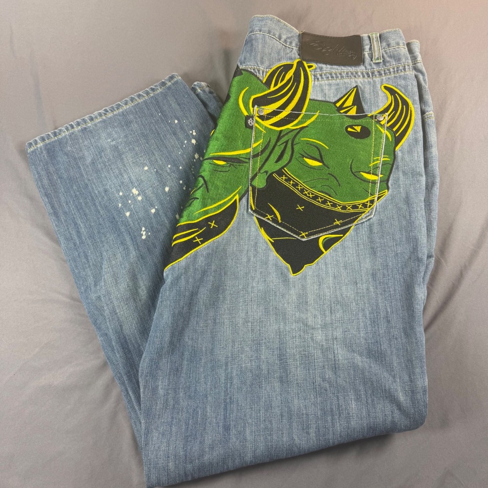 Eight 732 Mens Baggy Denim Jeans 42x34 Blue Oni Demon Embroidered Y2K Streetwear